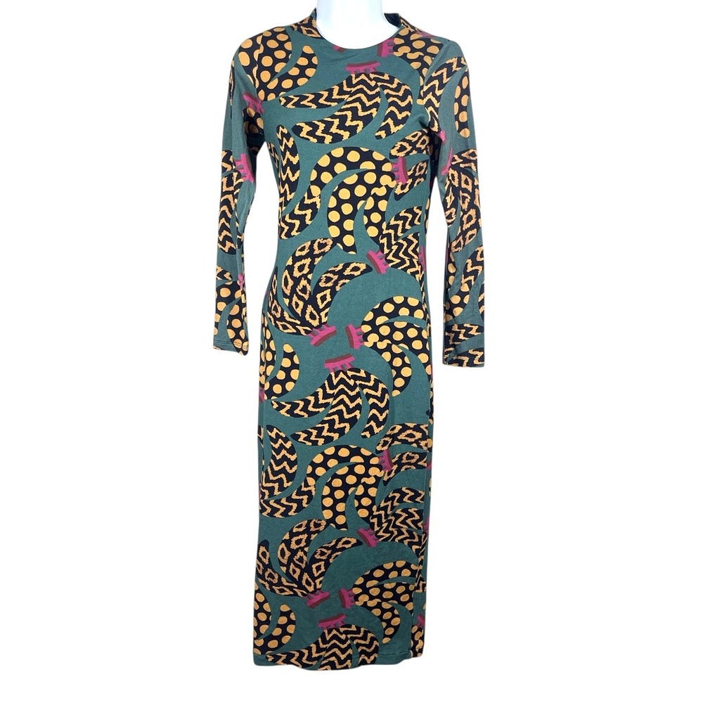 Farm Rio Teal‎ Banana Dress Womens S Long Sleeve Stretch Midi Sheath Lined Boho